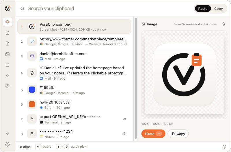 The VoraClip panel showing clipboard history and a preview